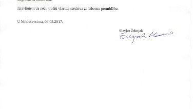 SLAVKO ŽDINJAK IZJAVA O VISINI I IZVORU VLASTITIH STREDSTAVA ZA IZBORNU PROMIŽMU